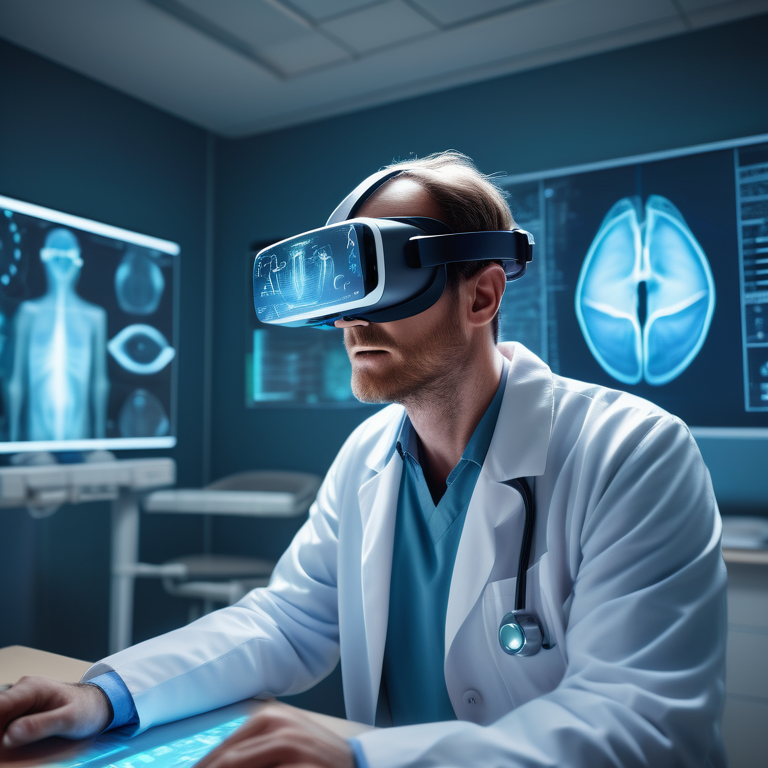 Doctor examining a holographic display of an eye, surrounded by diagnostic data, symbolizing modern diabetic retinopathy detection.